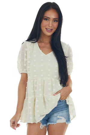 Champagne Swiss Dot Tiered Puff Sleeve Blouse
