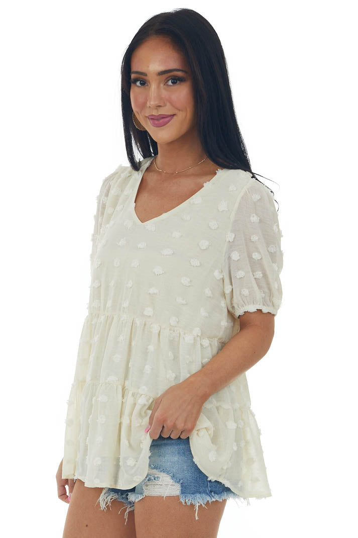 Champagne Swiss Dot Tiered Puff Sleeve Blouse
