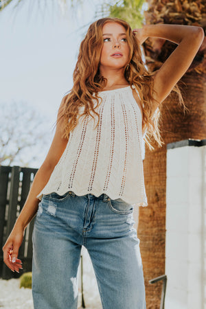 Champagne Tie Strap Crochet Tank Top