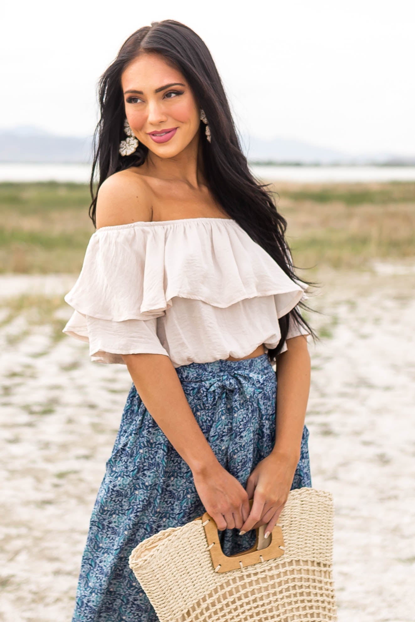 Champagne Off the Shoulder Short Sleeve Overlaying Crop Top