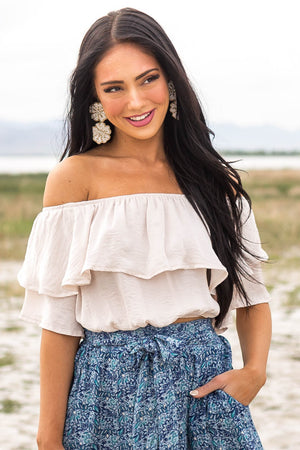 Champagne Off the Shoulder Short Sleeve Overlaying Crop Top