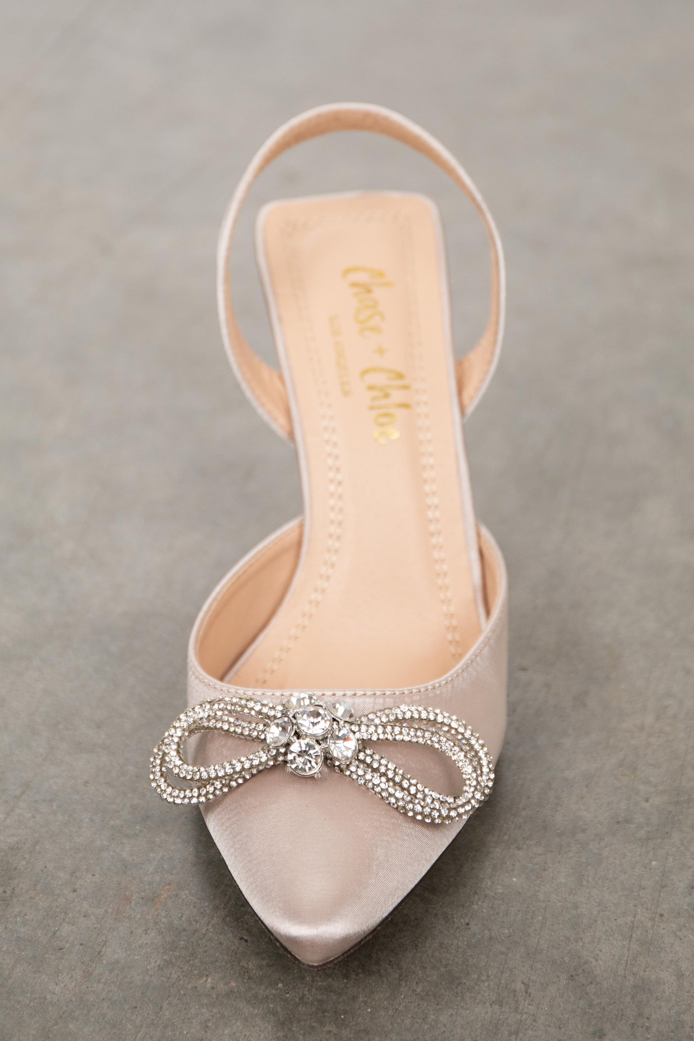Champagne Slingback Heels with Rhinestone Bow