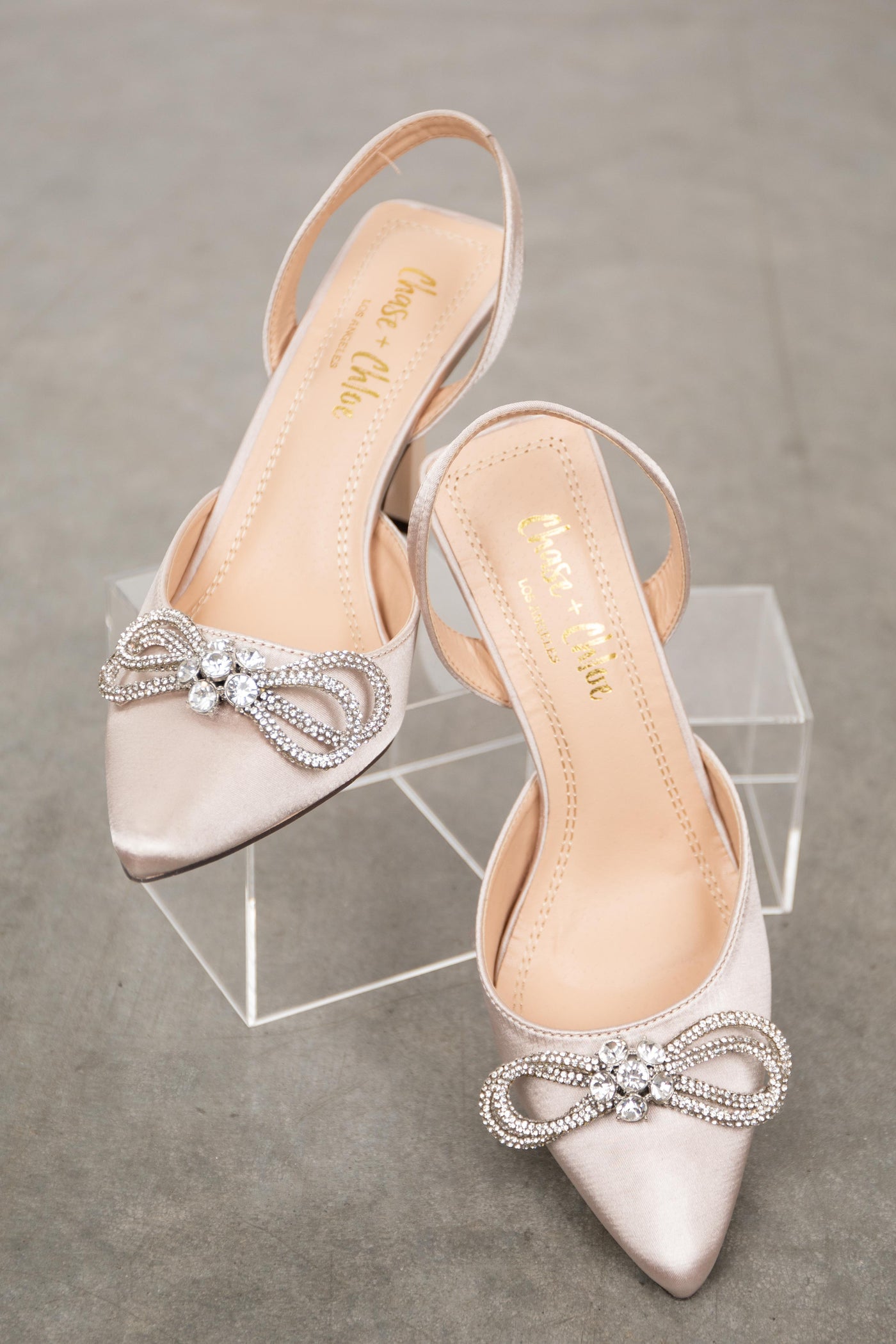 Champagne Slingback Heels with Rhinestone Bow