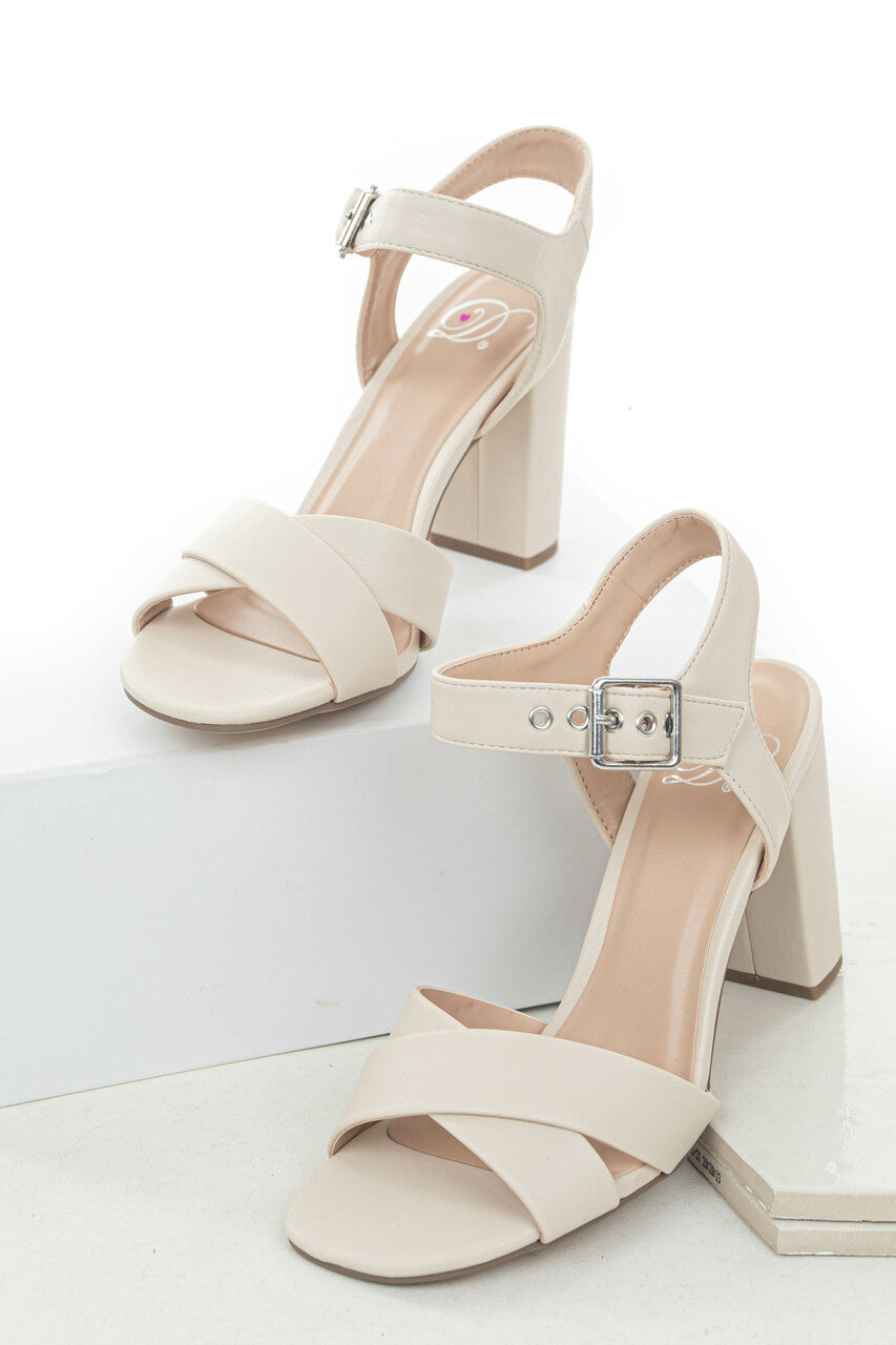 Champagne Criss Cross Strap Square Toe Heels