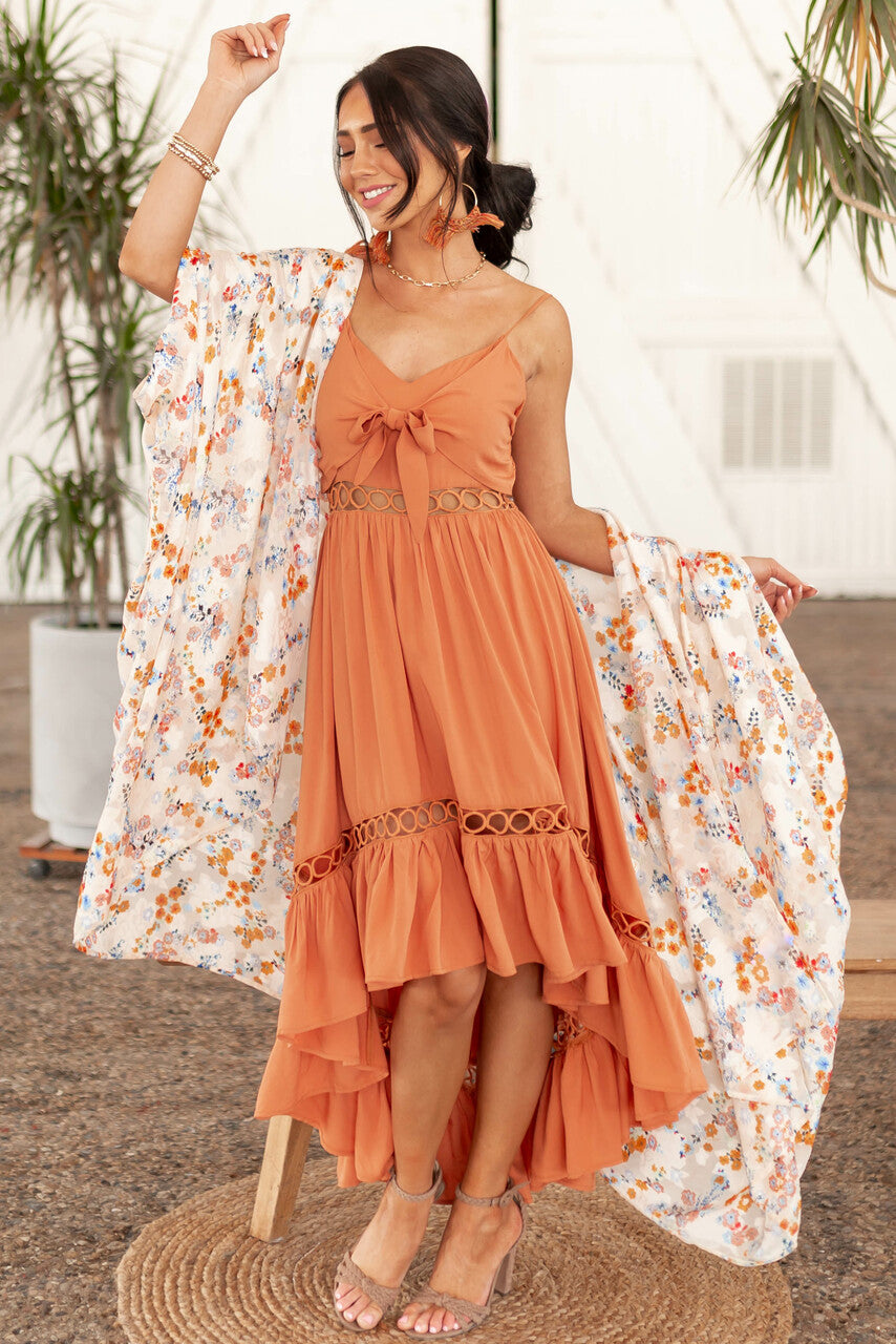 Champagne Floral Textured Open Front Kimono