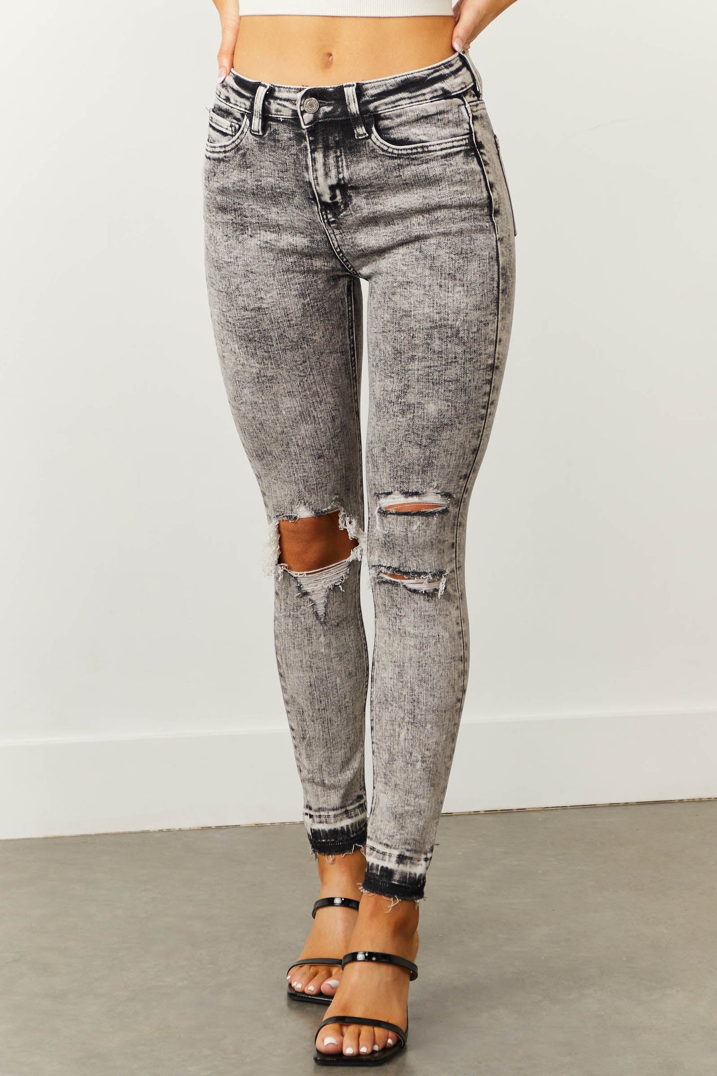 Charcoal Acid Wash High Rise Torn Skinny Jeans
