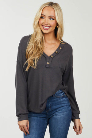 Charcoal Button V Neckline Waffle Knit Top