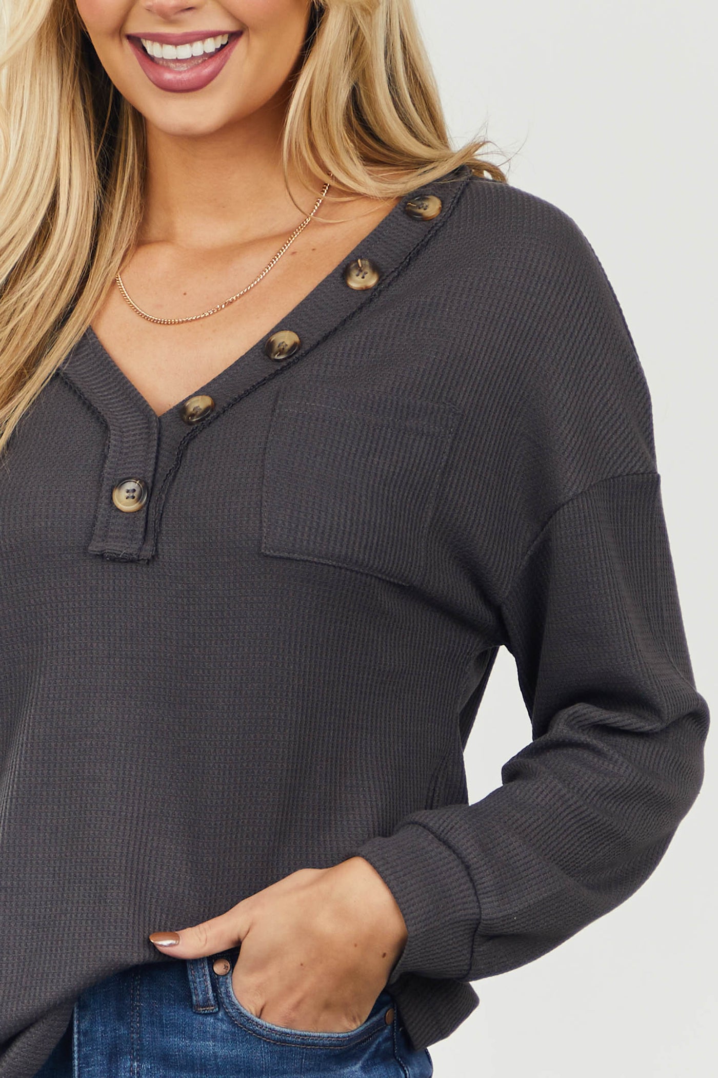 Charcoal Button V Neckline Waffle Knit Top