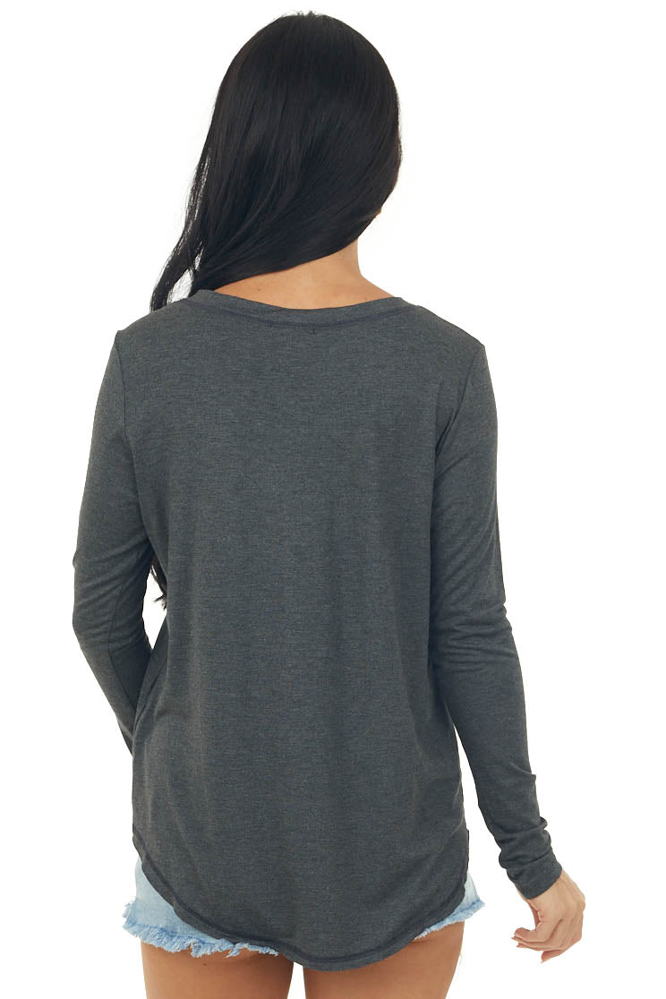 Charcoal Exposed Stitch Chest Pocket Knit Top