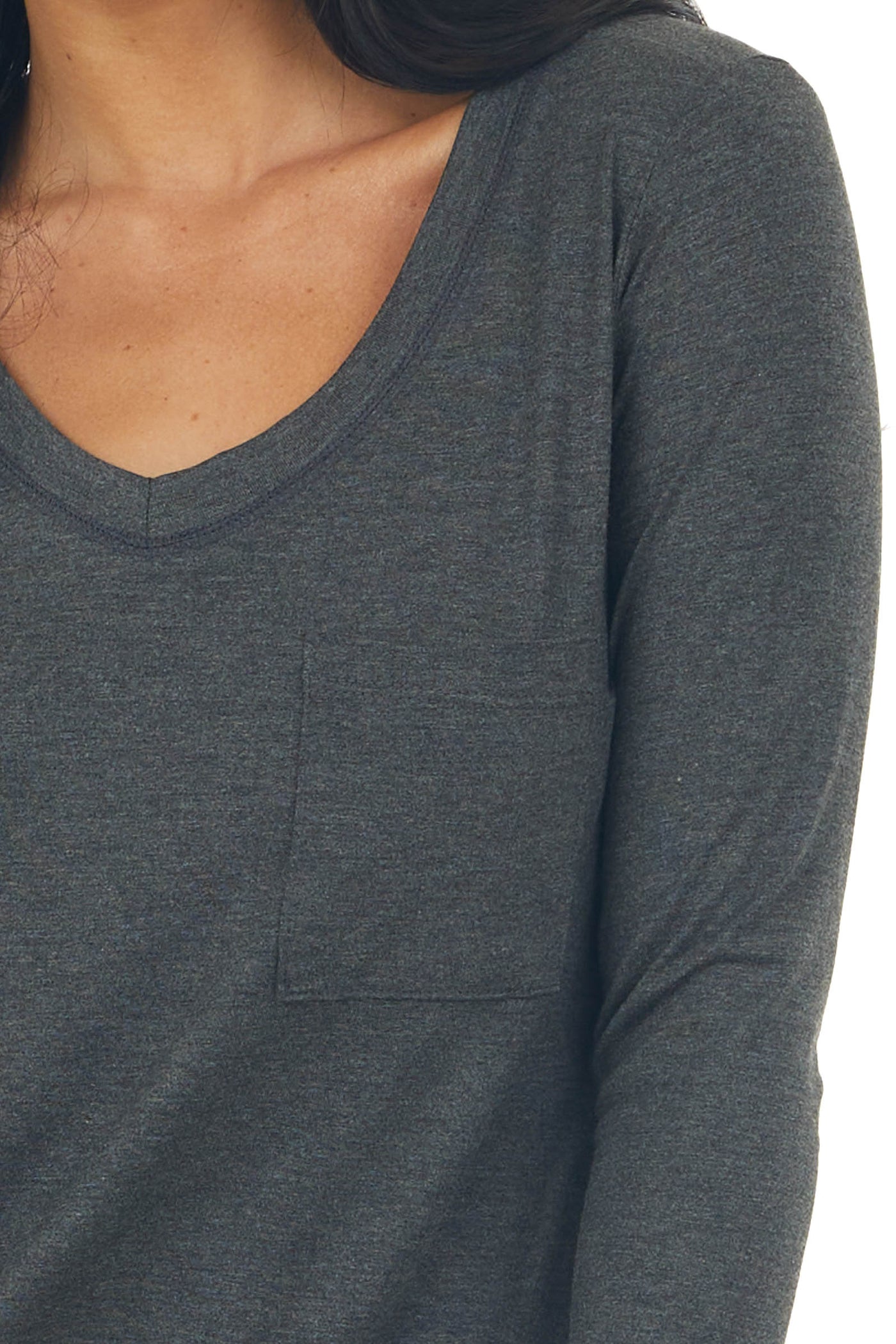 Charcoal Exposed Stitch Chest Pocket Knit Top