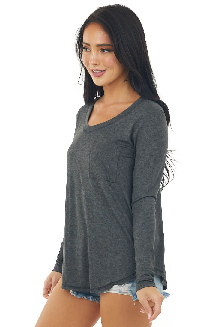 Charcoal Exposed Stitch Chest Pocket Knit Top