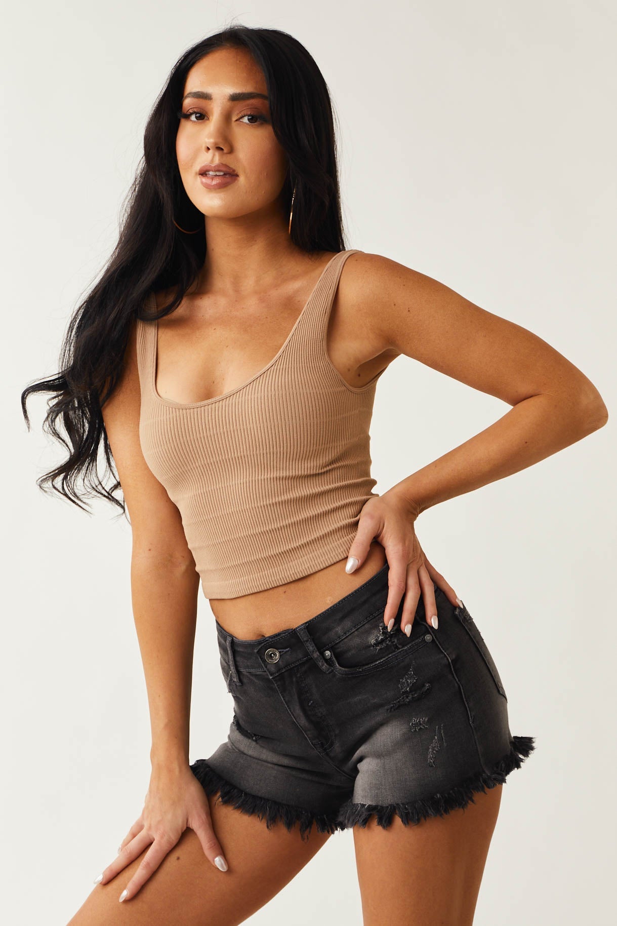 Charcoal High Waisted Frayed Hem Denim Shorts