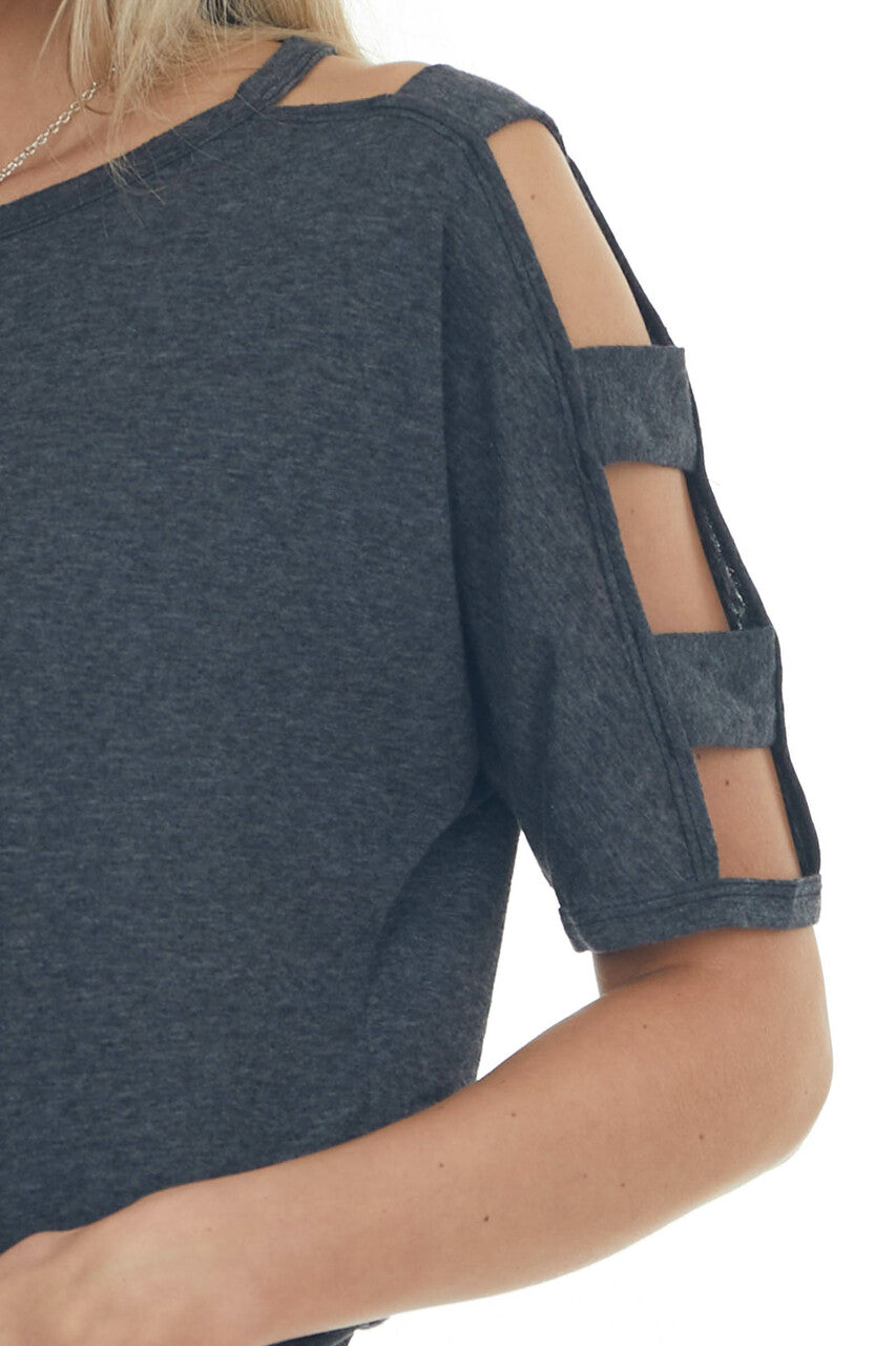 Charcoal Melange Ladder Cut Out Sleeve Tee