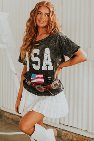 Charcoal Mineral Wash 'USA' Cut Out Graphic Top