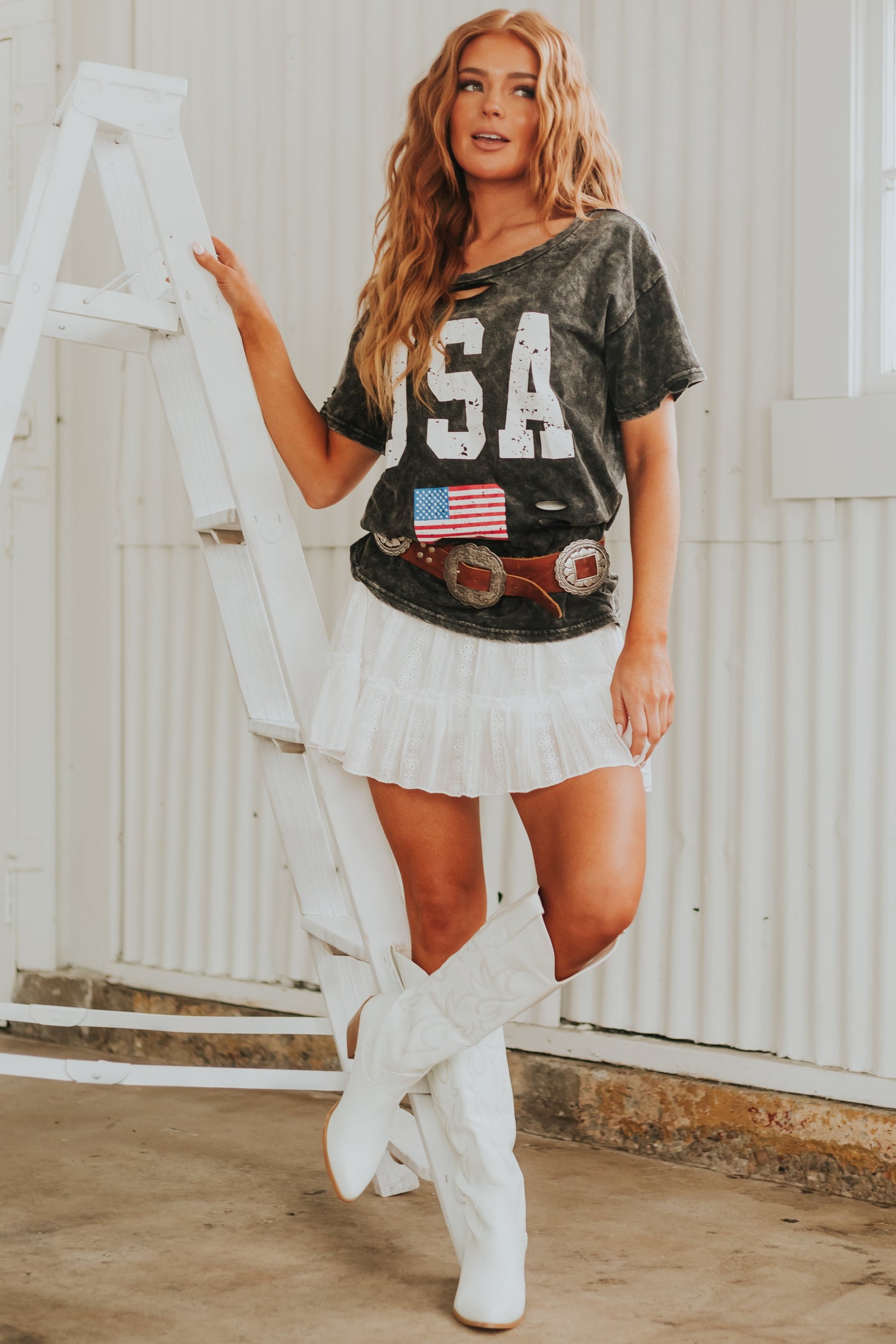Charcoal Mineral Wash 'USA' Cut Out Graphic Top
