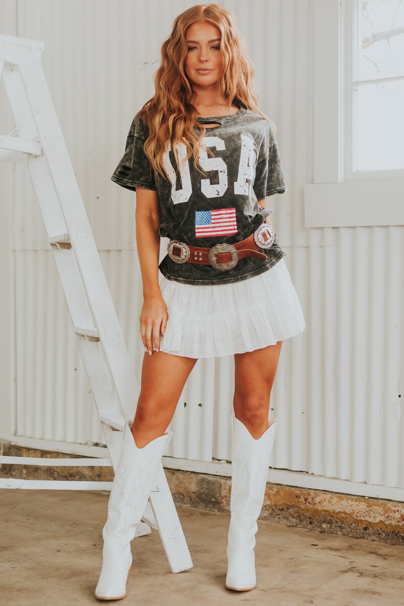 Charcoal Mineral Wash 'USA' Cut Out Graphic Top