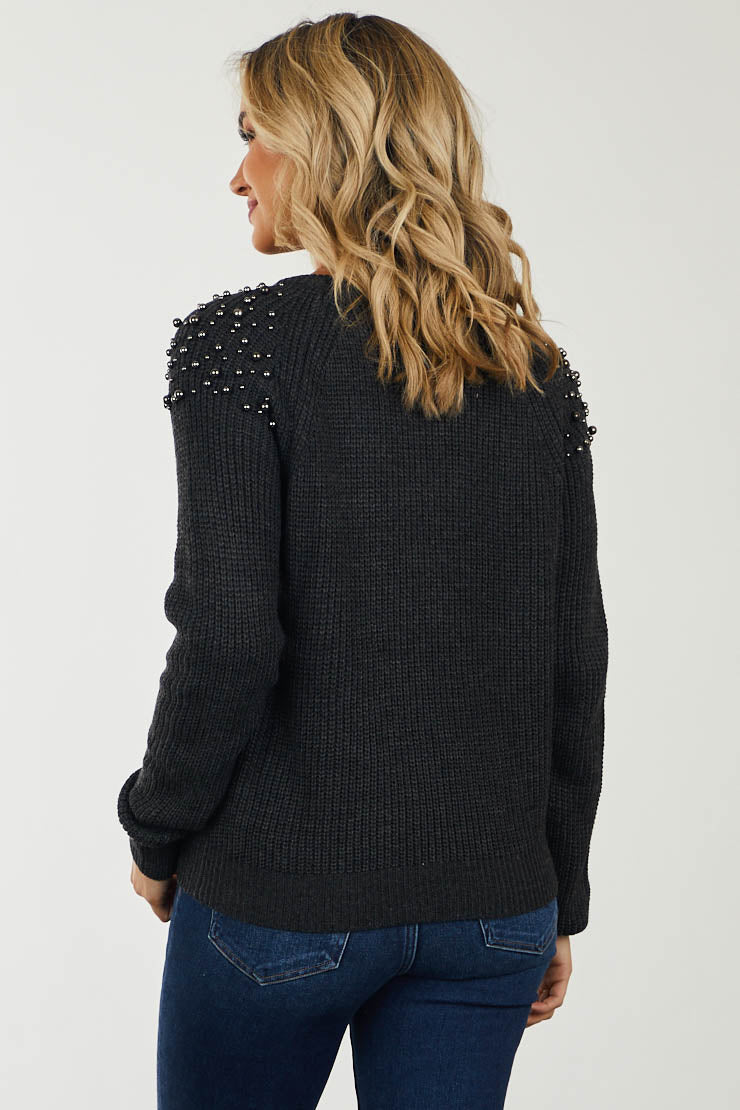 Charcoal Ribbed Knit Sweater with Pearl Stud Detail