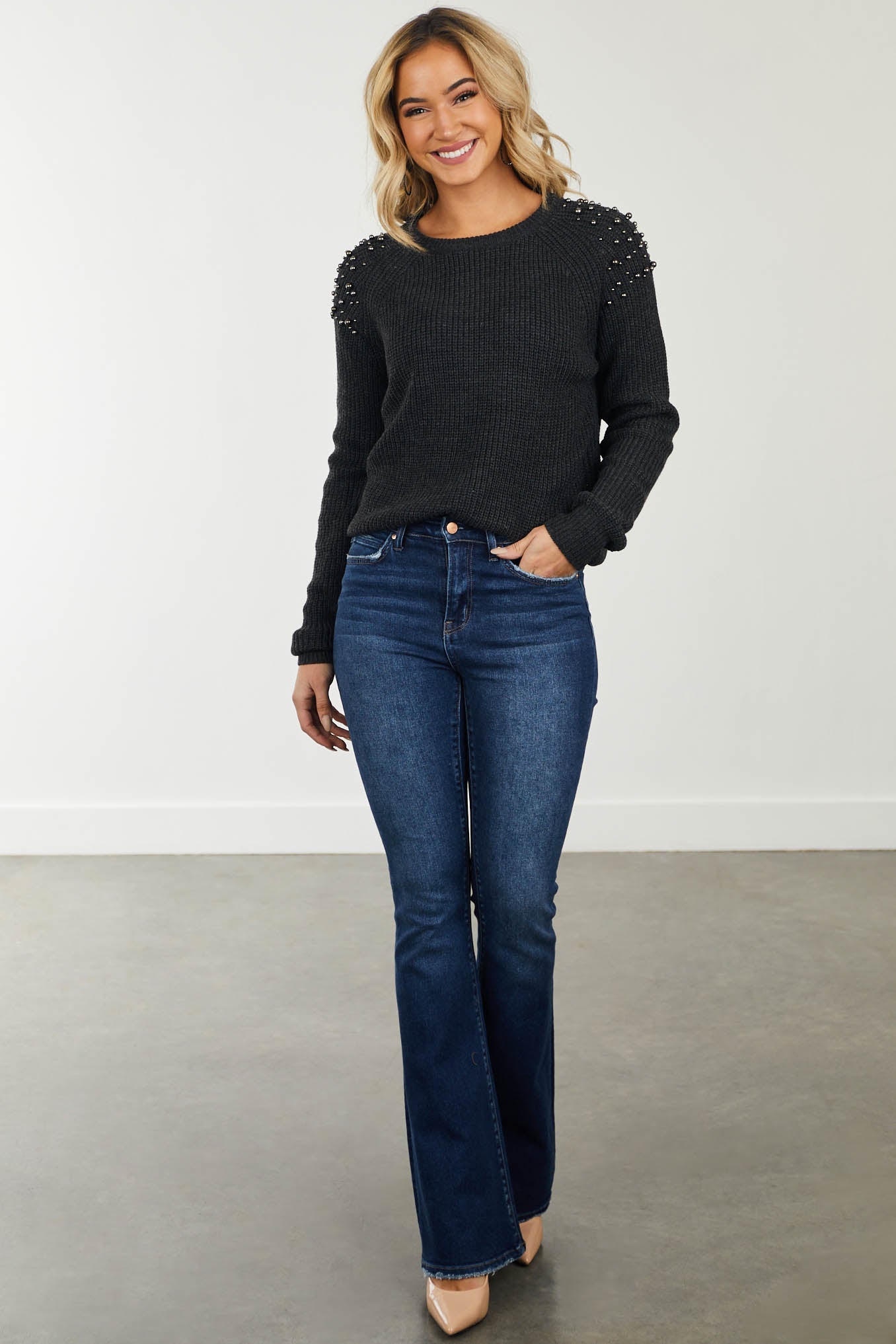 Charcoal Ribbed Knit Sweater with Pearl Stud Detail