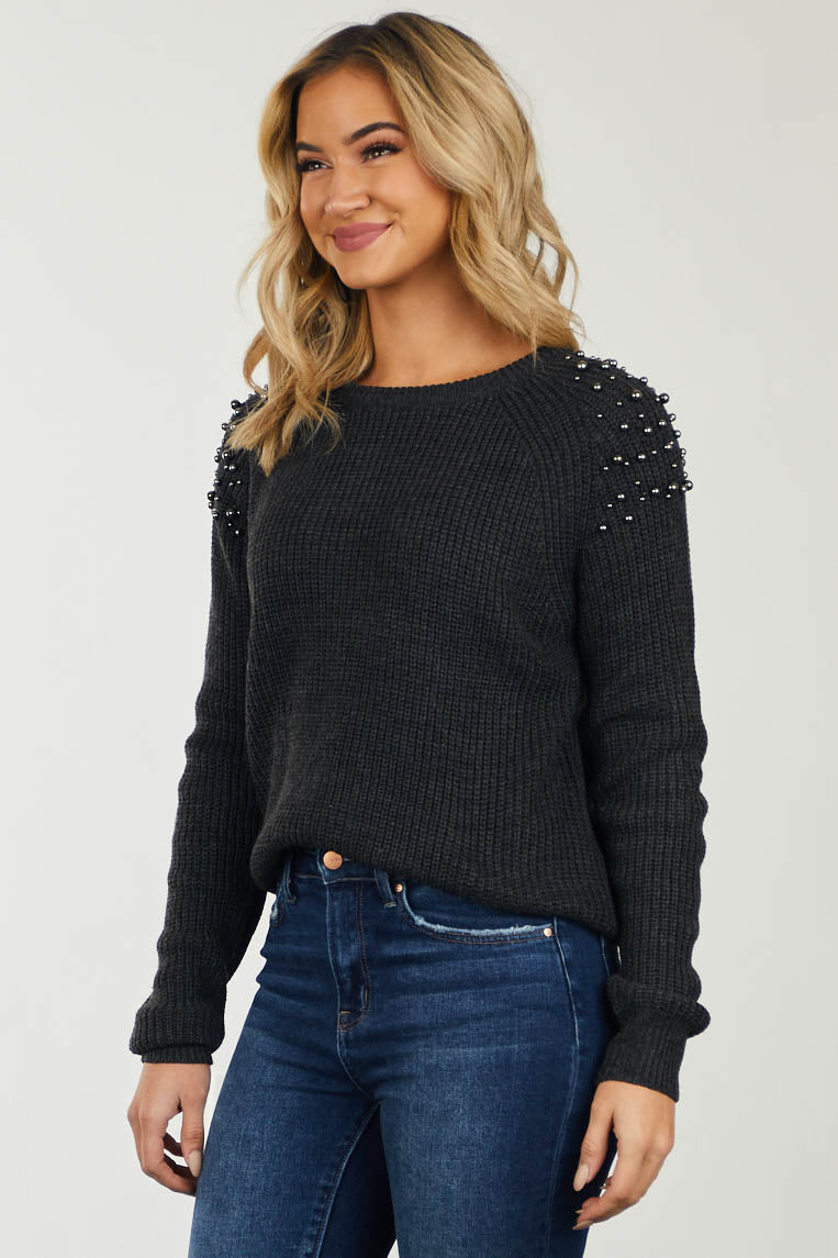 Charcoal Ribbed Knit Sweater with Pearl Stud Detail