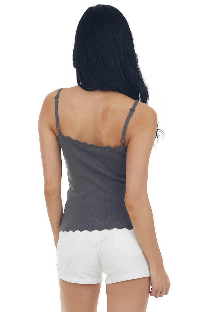 Charcoal Scalloped Ribbed Knit Tank Top