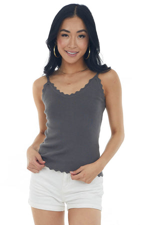 Charcoal Scalloped Ribbed Knit Tank Top