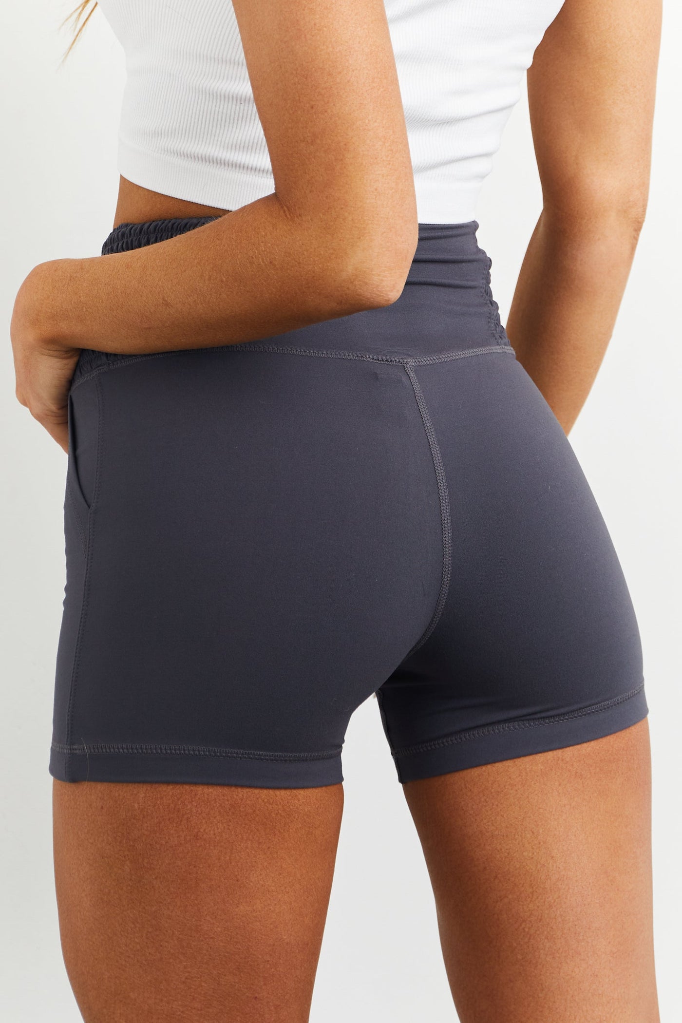 Charcoal Smocked Side Biker Shorts with Pockets