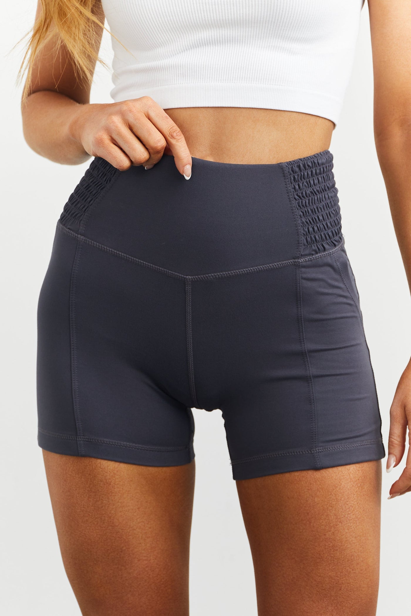 Charcoal Smocked Side Biker Shorts with Pockets