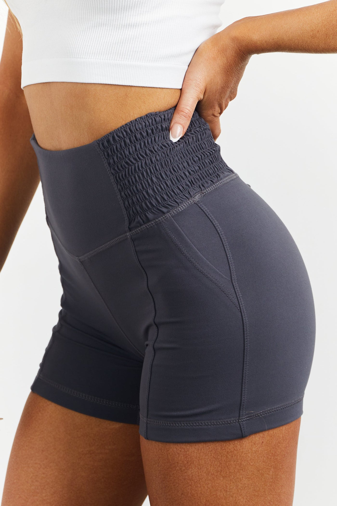 Charcoal Smocked Side Biker Shorts with Pockets