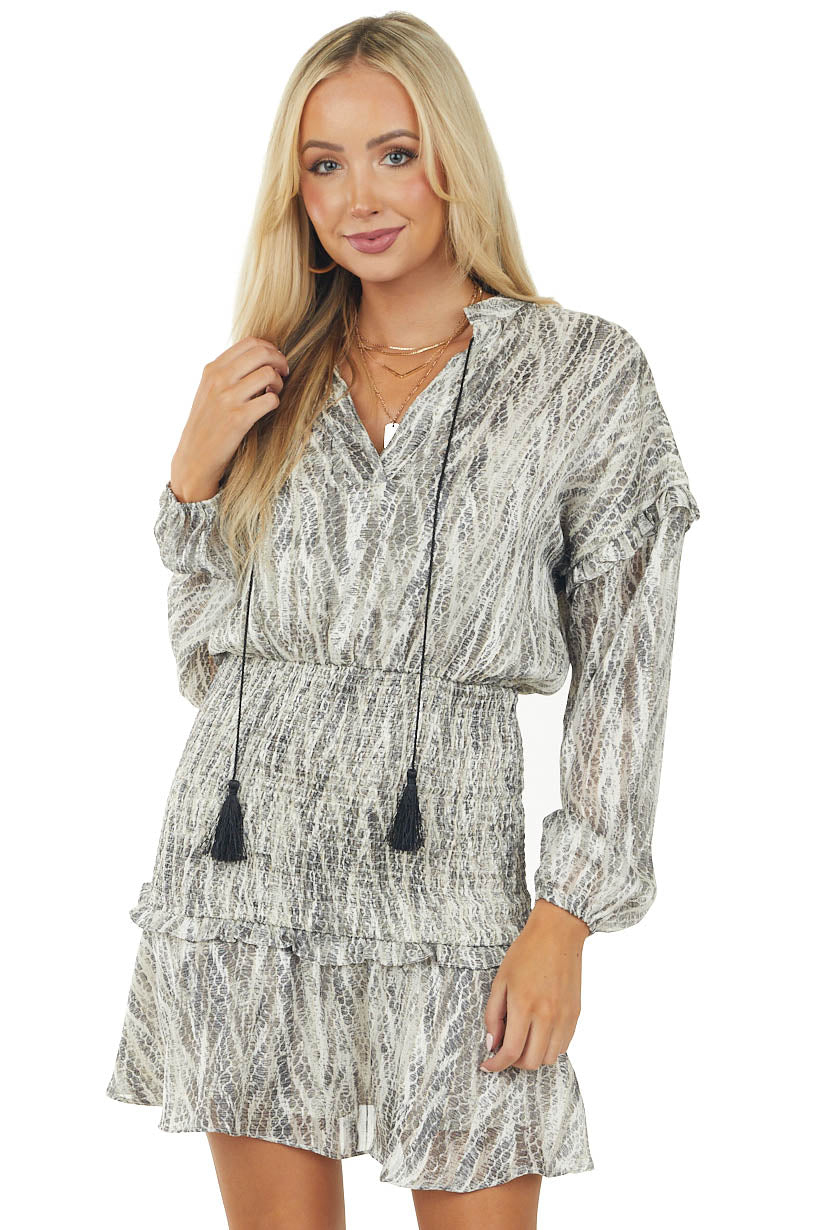 Charcoal Snakeskin Print Short Blouson Dress