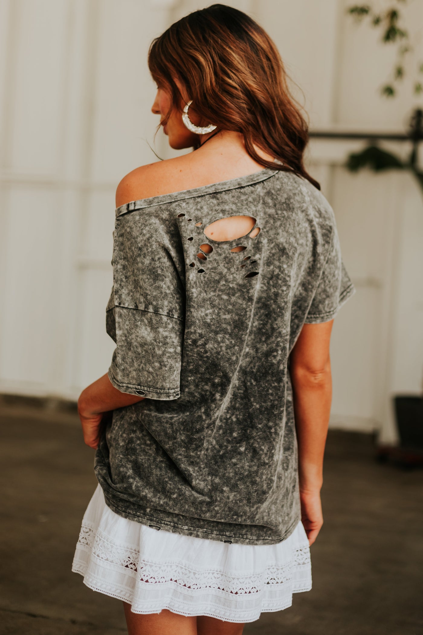 Charcoal USA Graphic Washed Distressed Knit Top