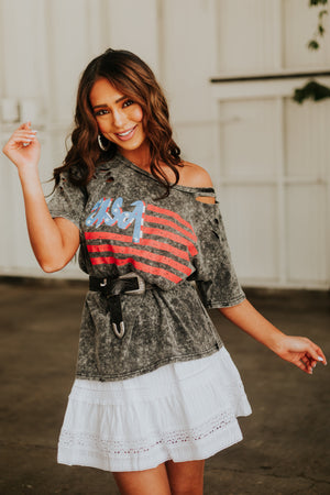 Charcoal USA Graphic Washed Distressed Knit Top