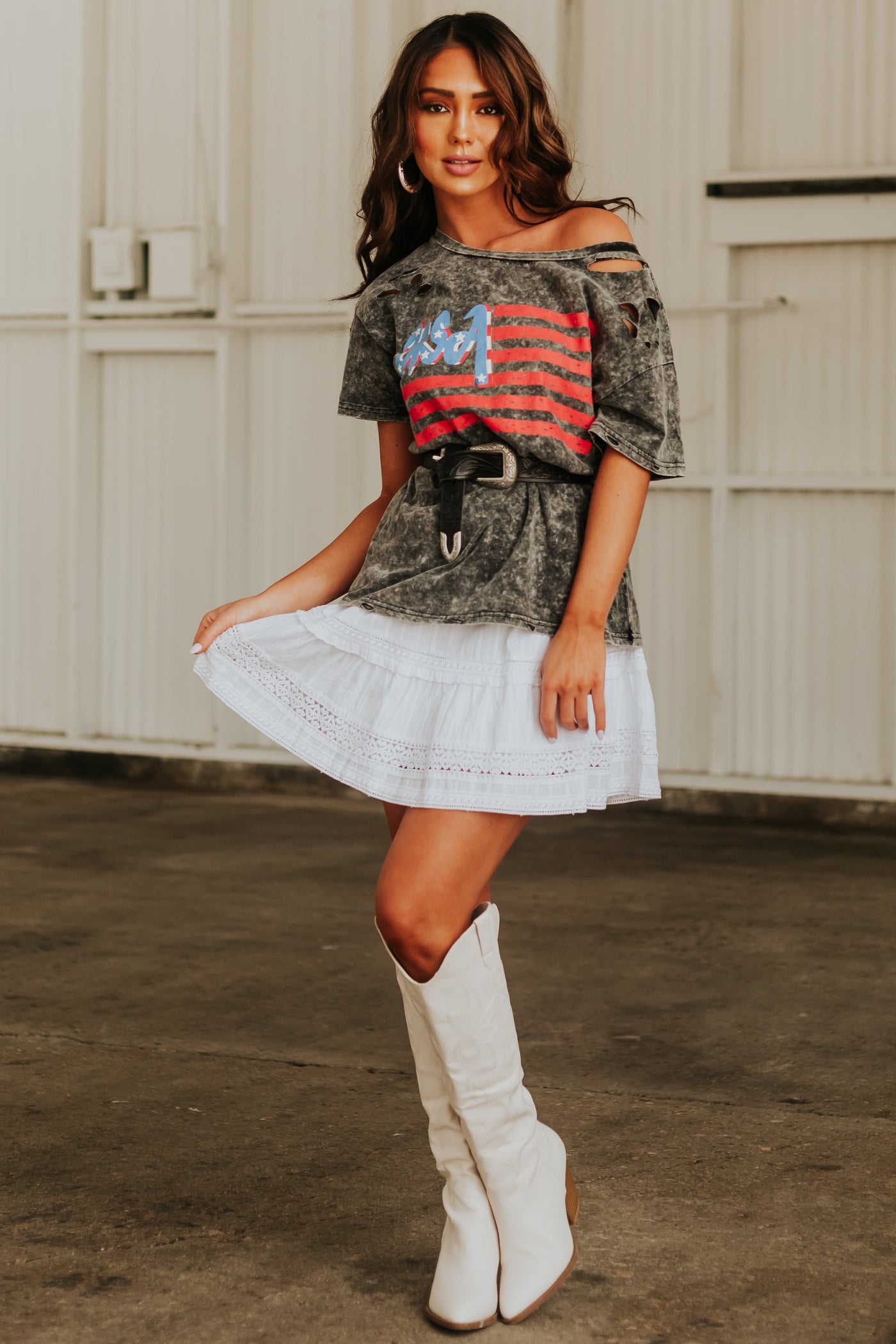 Charcoal USA Graphic Washed Distressed Knit Top