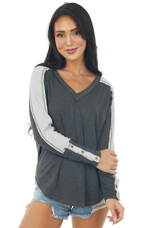 Charcoal V Neck Long Sleeve Exposed Seam Top