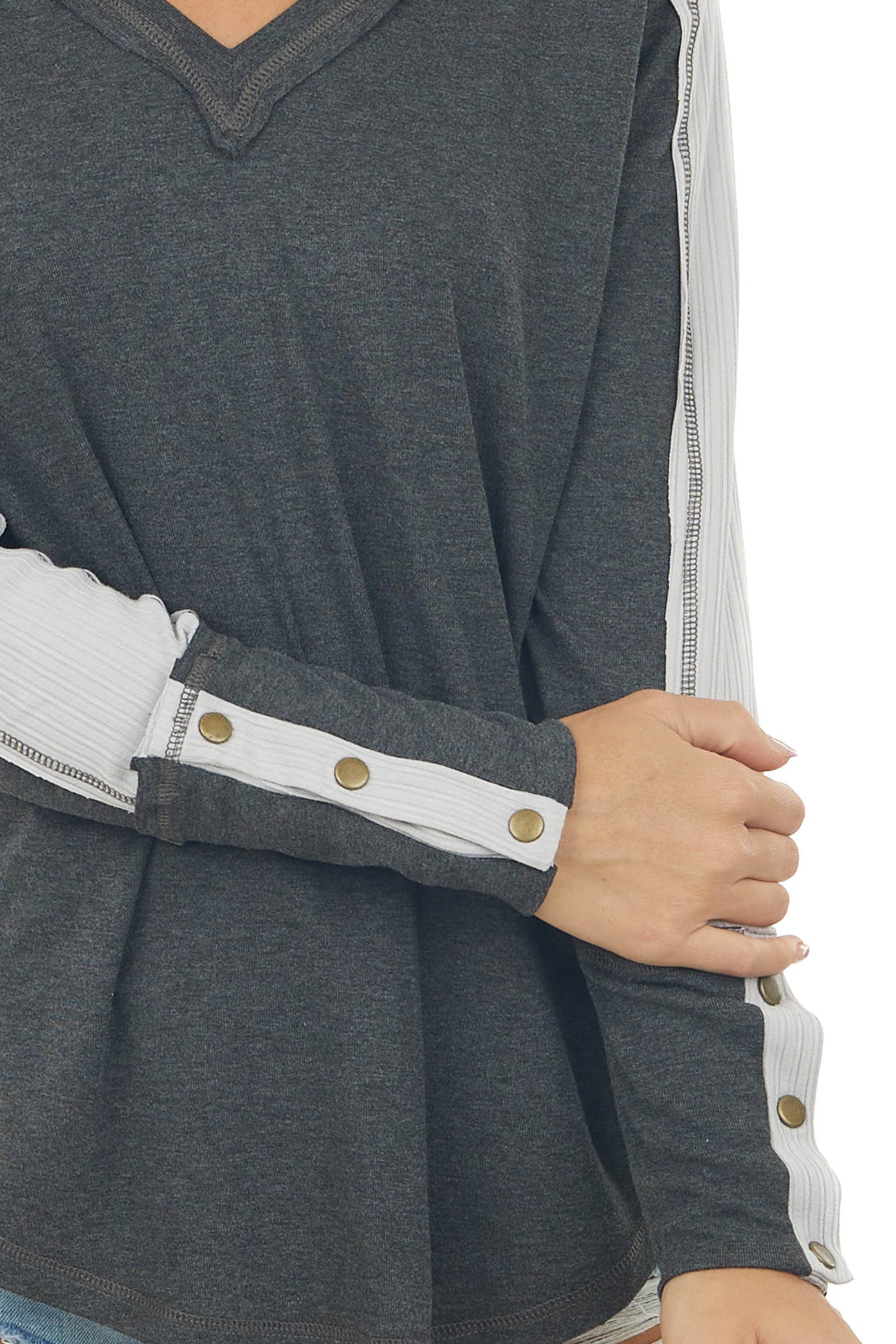 Charcoal V Neck Long Sleeve Exposed Seam Top