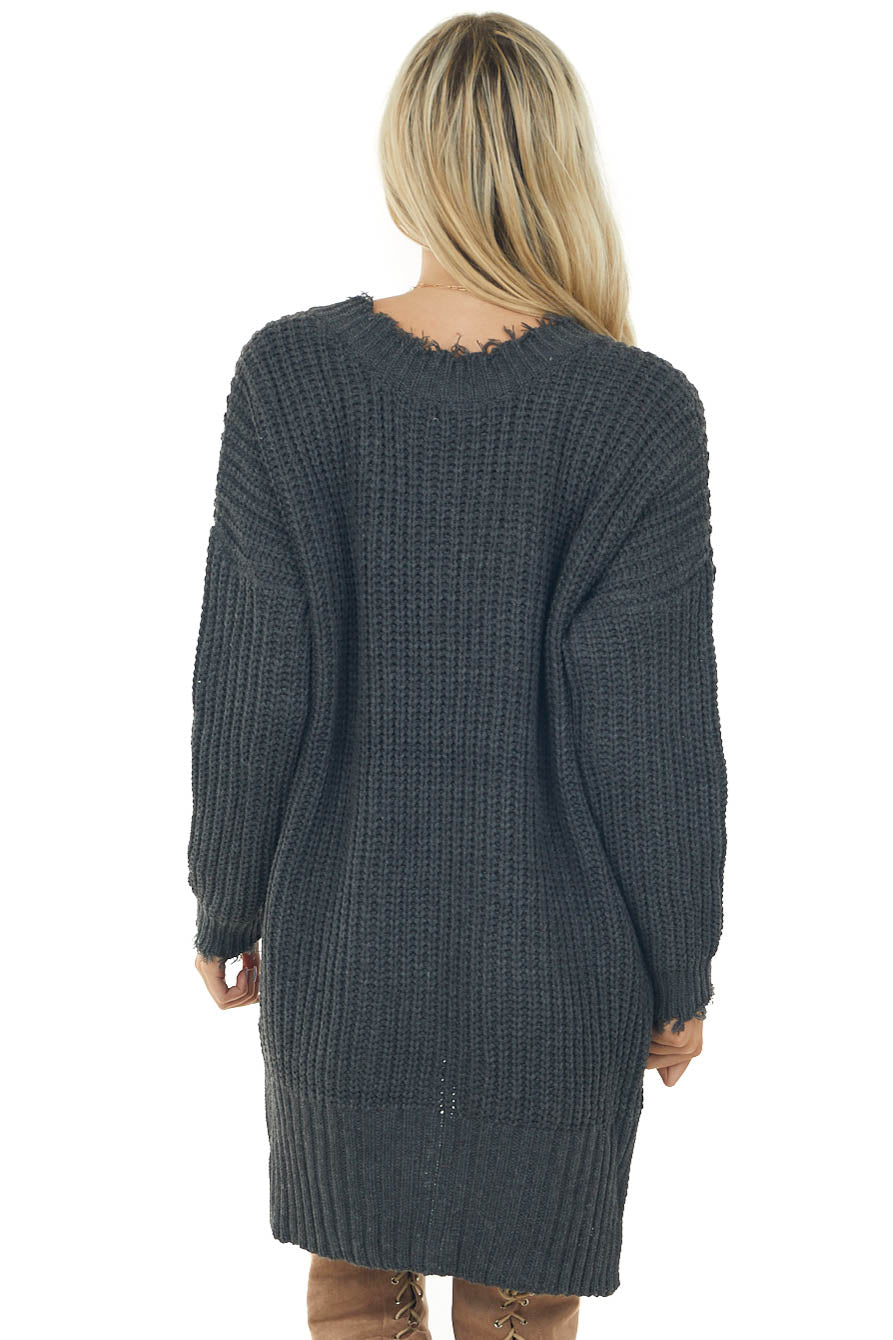 Charcoal V Neck Long Sleeve Sweater Dress
