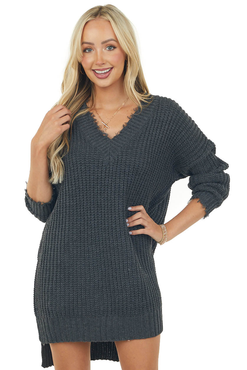 Charcoal V Neck Long Sleeve Sweater Dress