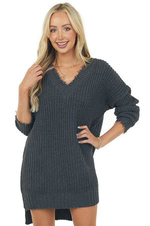 Charcoal V Neck Long Sleeve Sweater Dress