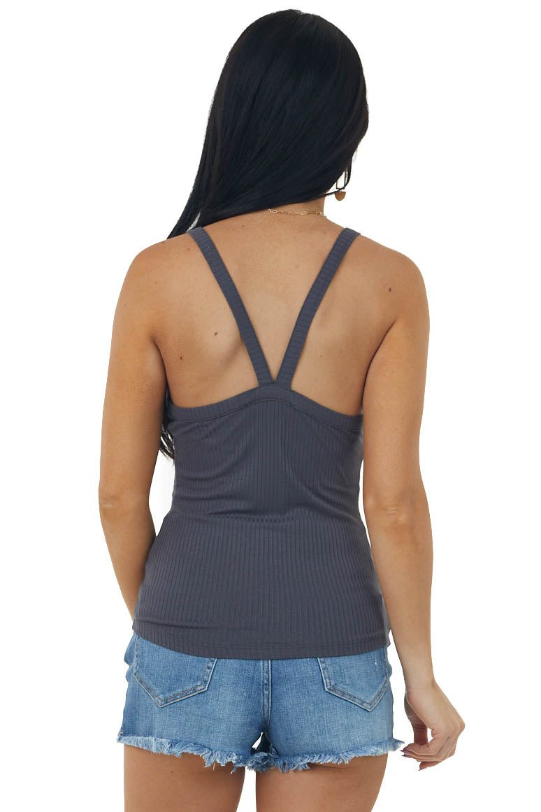Charcoal V Neck Stretchy Ribbed Fitted Tank Top