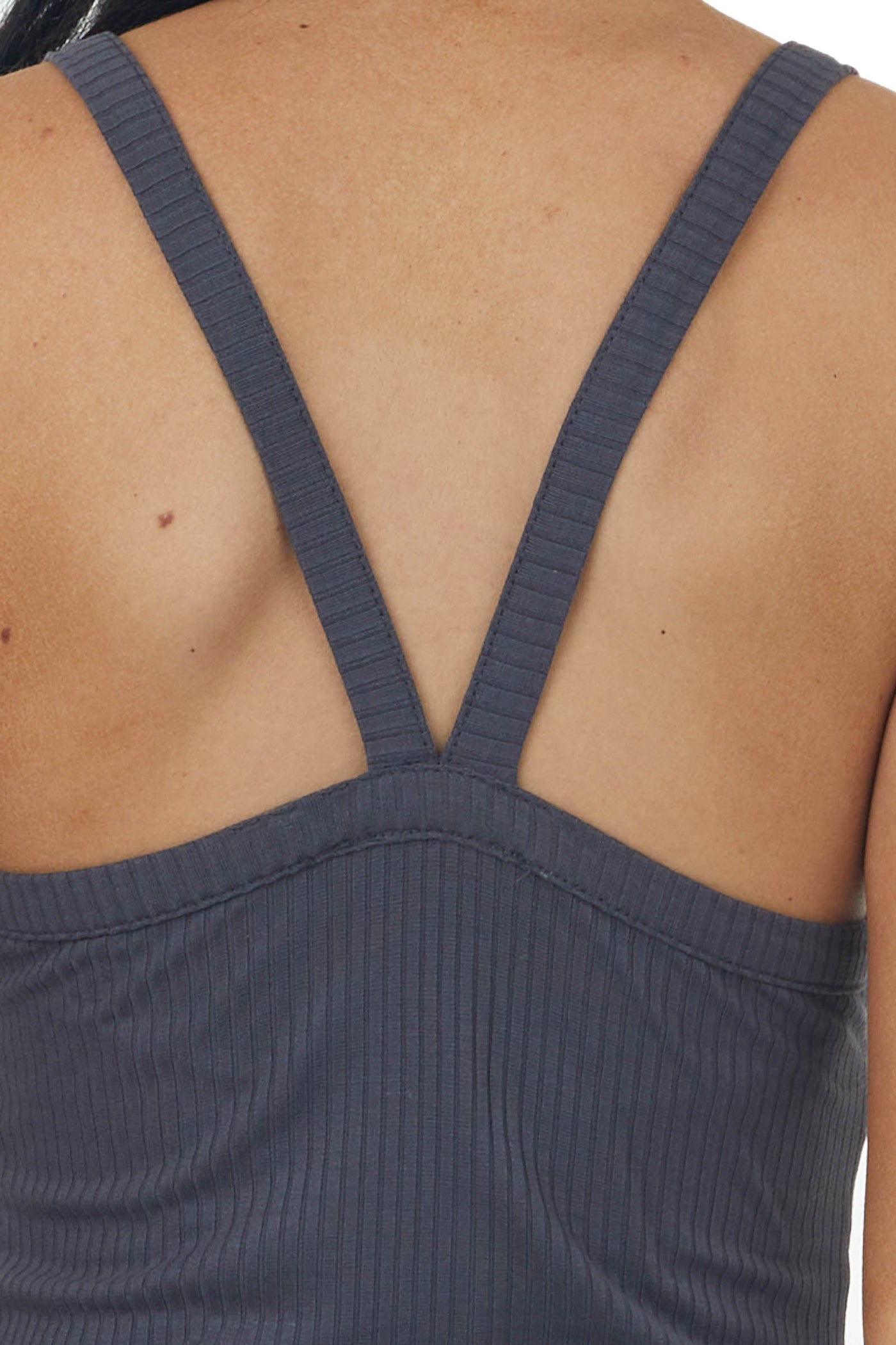 Charcoal V Neck Stretchy Ribbed Fitted Tank Top