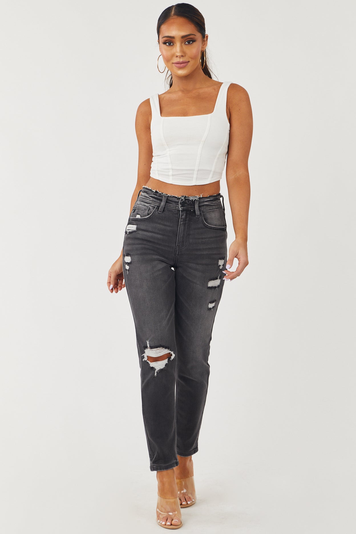 Charcoal Wash Distressed High Rise Jeans