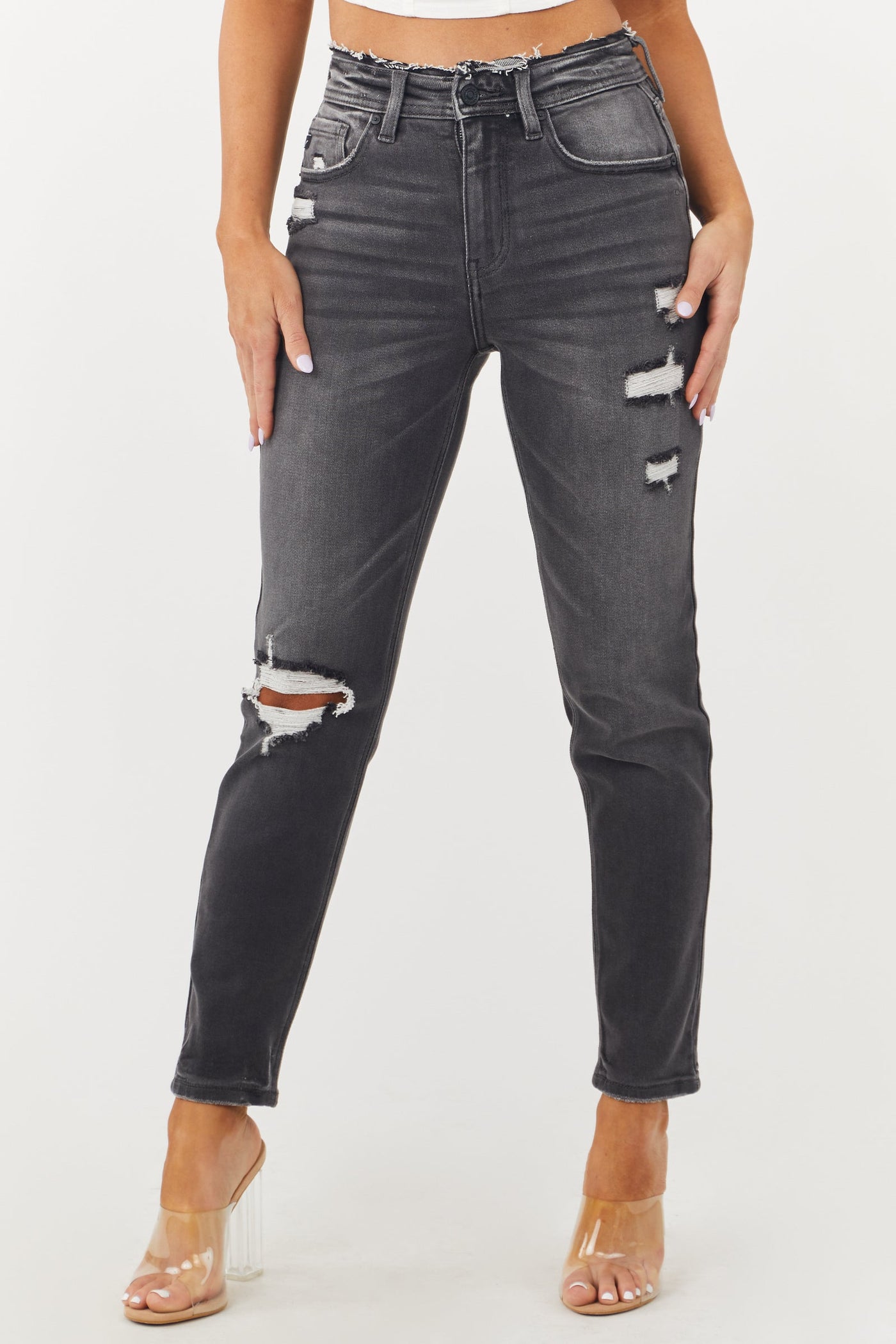 Charcoal Wash Distressed High Rise Jeans