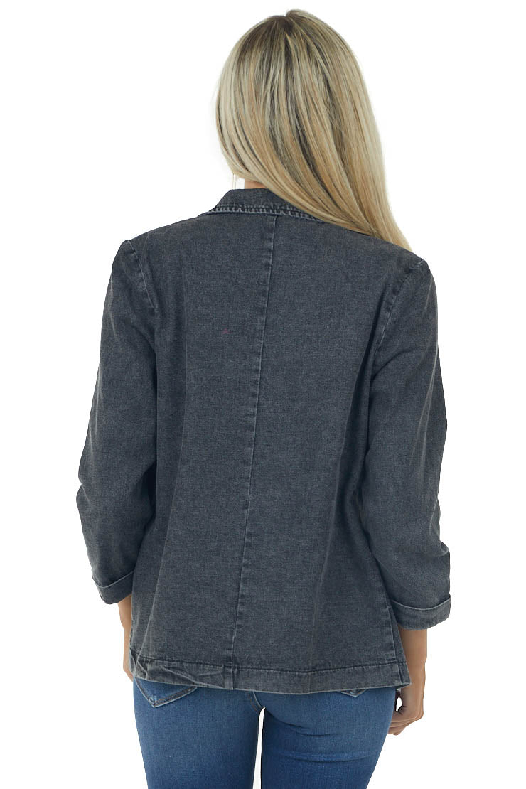 Charcoal Washed Lapel Open Front Denim Blazer