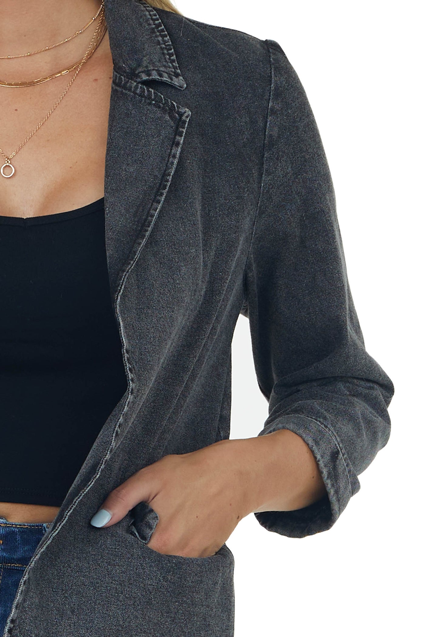 Charcoal Washed Lapel Open Front Denim Blazer