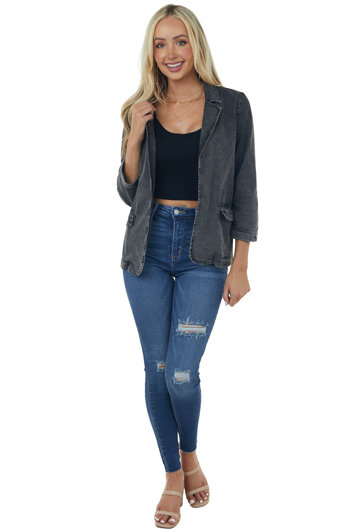 Charcoal Washed Lapel Open Front Denim Blazer