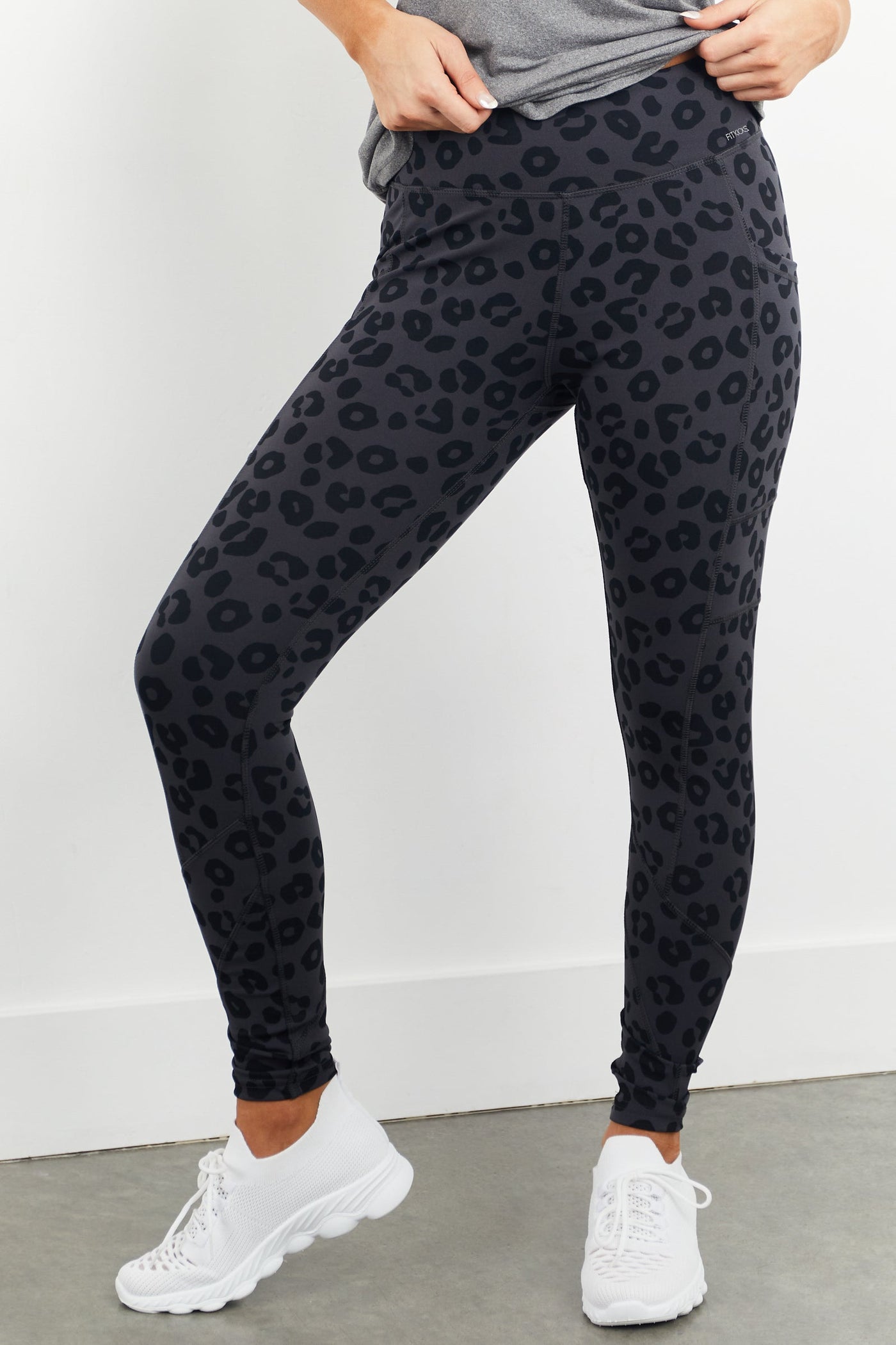 Charcoal and Black Leopard Print Leggings with Pockets