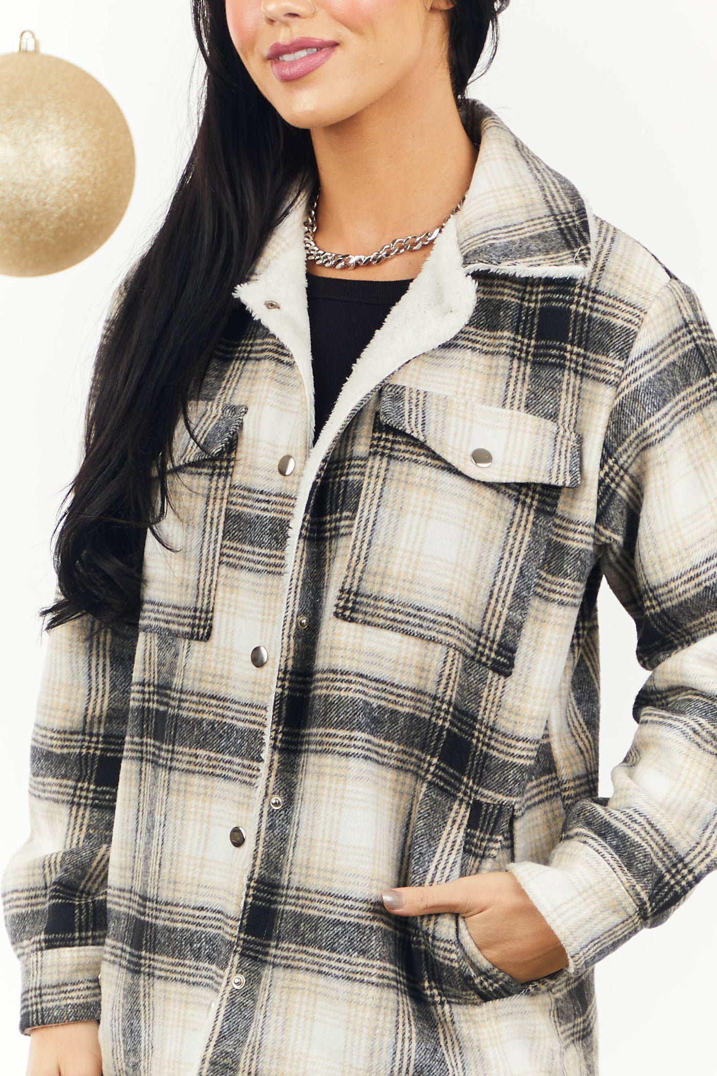 Charcoal and Camel Plaid Sherpa Lined Shacket