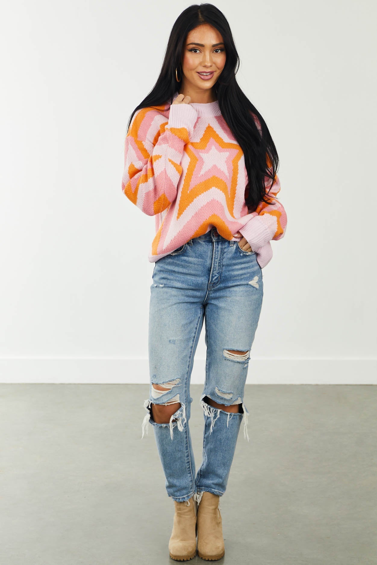 Cherry Blossom Drop Shoulder Retro Star Sweater