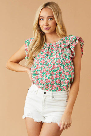 Cherry Blossom Floral Flutter Sleeve Woven Blouse