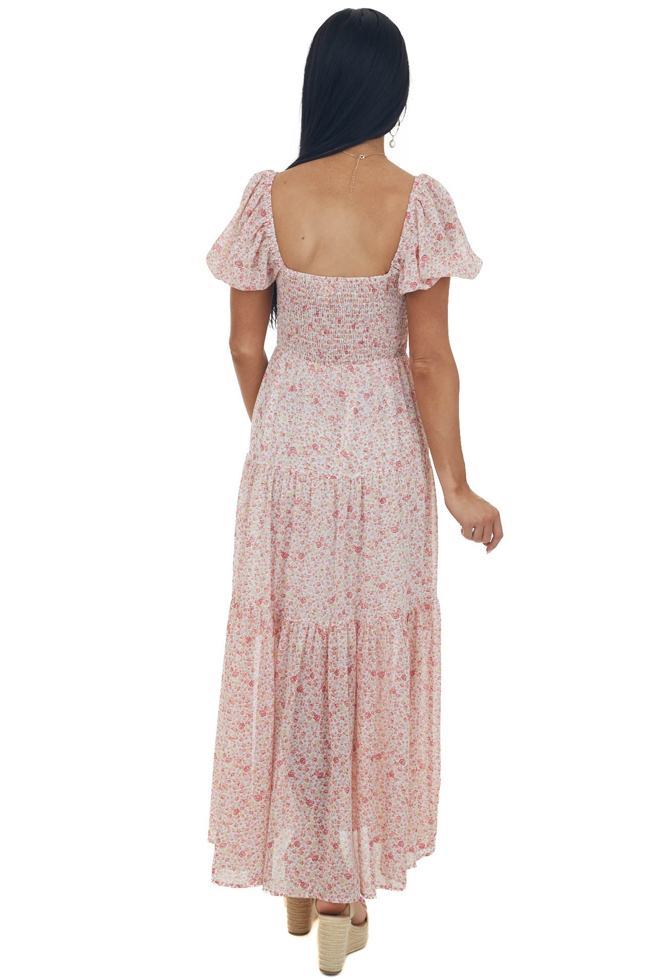 Cherry Blossom Floral Print Tiered Woven Maxi Dress