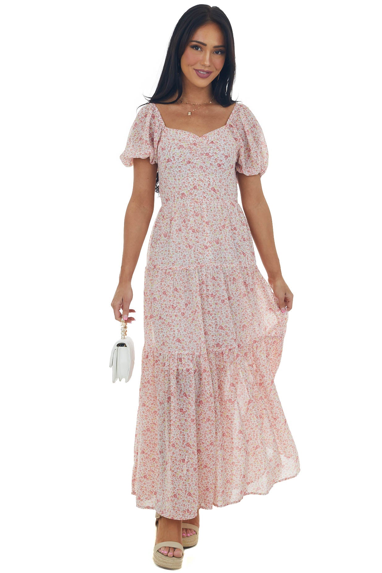 Cherry Blossom Floral Print Tiered Woven Maxi Dress